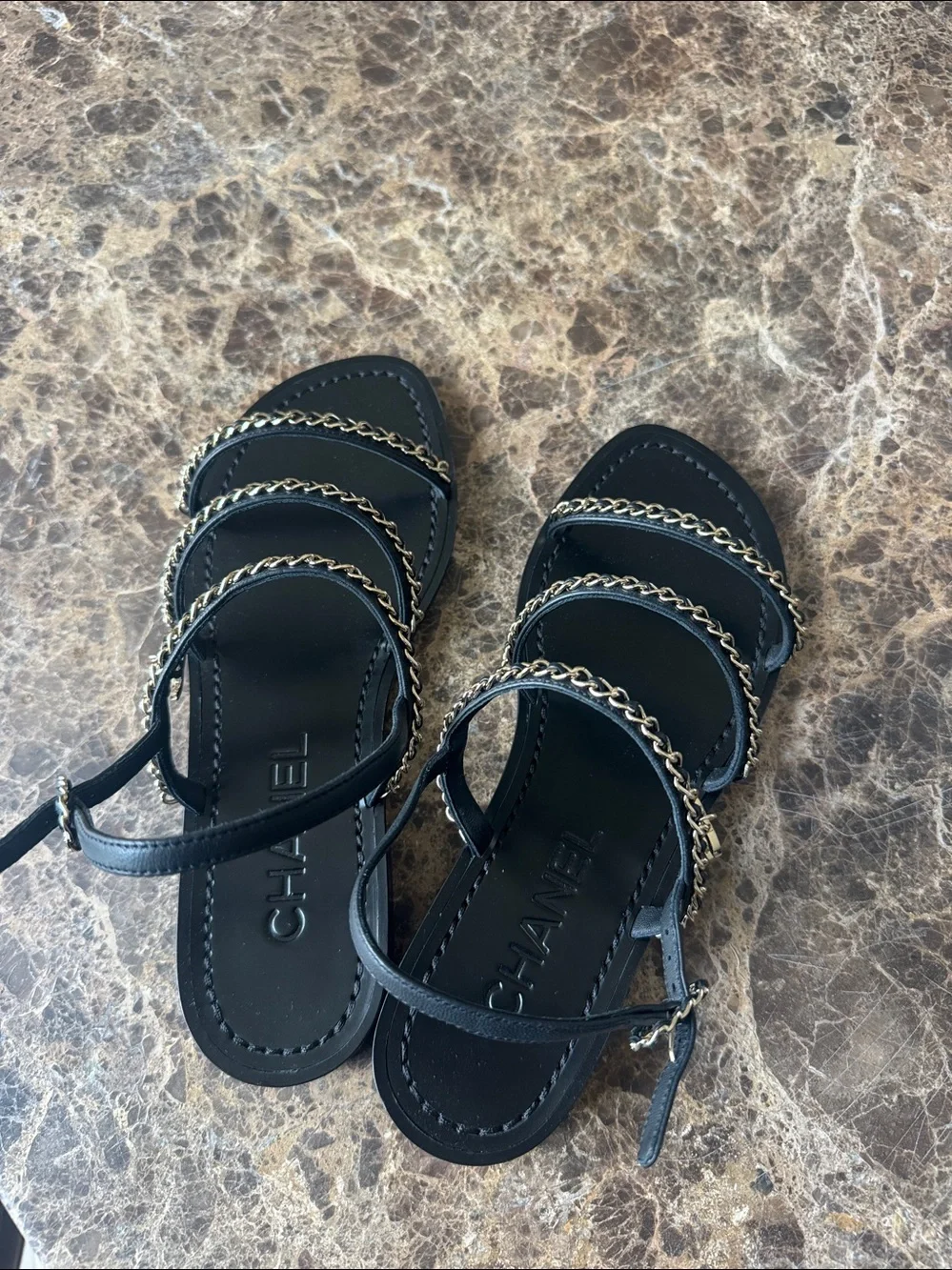 Chanel black leather gold chain sandals flats charms sz 38